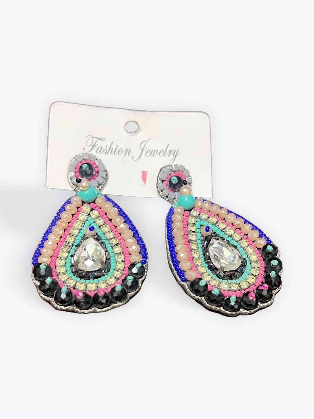 Fashion Jewelry Pink, Blue, Turquoise and Black Beaded Teardrop Earrings
